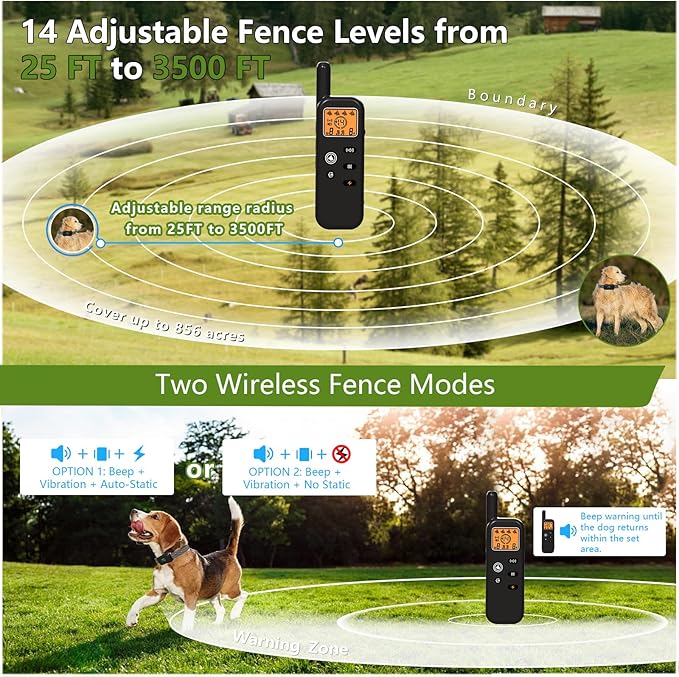 Wireless Dog Fence System for 2 Dogs 856 Acre Electric Fences for Dogs Training Fence Collar with Remote Ultrasonic Trainer Waterproof Portable Outdoor Safe Pet Containment System with 2 Collar