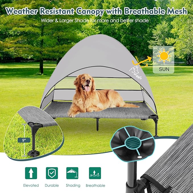 Upgraded Elevated Dog Bed with Canopy, Portable Raised Outdoor Dog Bed with Stable Anti-Slip Feet, Wider Shade Pet Bed Cot, Raised Dog Beds for Large Dogs Camping, Indoor & Outdoor Use-Mewly Pet