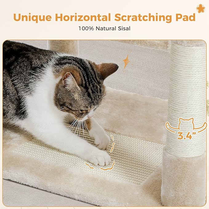 PAWZ Road Large Cat Tree, 72 Inches Cat Tower for Large Cats, Cat Condo with Sisal-Covered Scratching Posts and Pads, 2 Padded Perch, Dual Condo and Basket for Indoor Cats-Beige-Mewly Pet