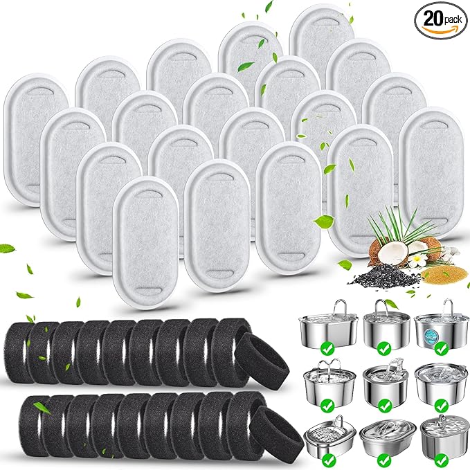 40 Pack Cat Water Fountain Filters-Cat Fountain Replacement Filters for Stainless Steel 108/3.2L& 67oz/2L Adjustable Water Flow Pet Water Fountain(20 Pack Pet Water Filter Refills+20 Pack Sponges)-Mewly Pet
