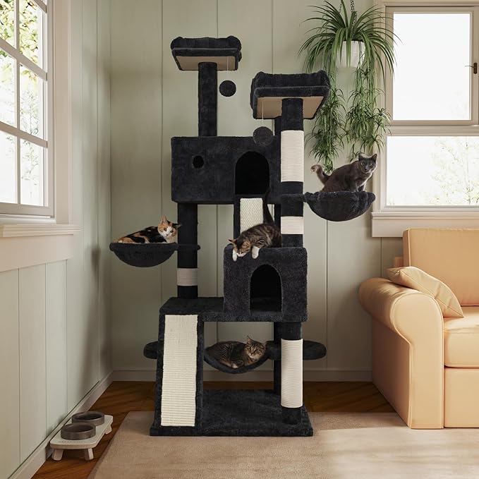 MUTICOR 66 Inches Multi-Level Large Cat Tree Tower for Indoor Big Feline/Cozy Plush Perches/Condo/Sisal Scratching Posts/Hammock and Baskets/Activity Center Play House/Wide Base/Dark Grey-Mewly Pet