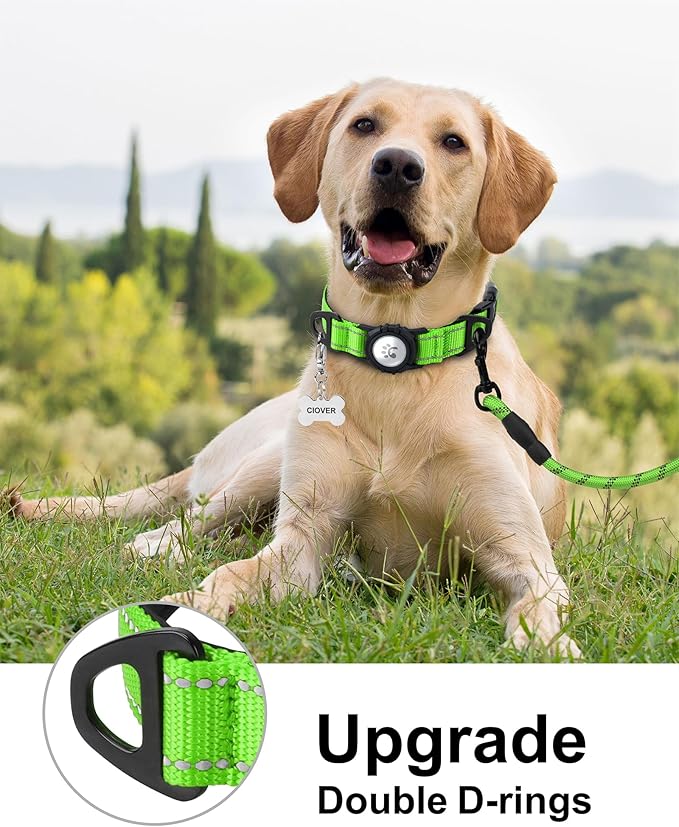 TagME Airtag Dog Collar,Waterproof Reflective Pet Collar with Airtag Holder,Soft Padded and Double D-Rings for Large Dogs,Green-Mewly Pet