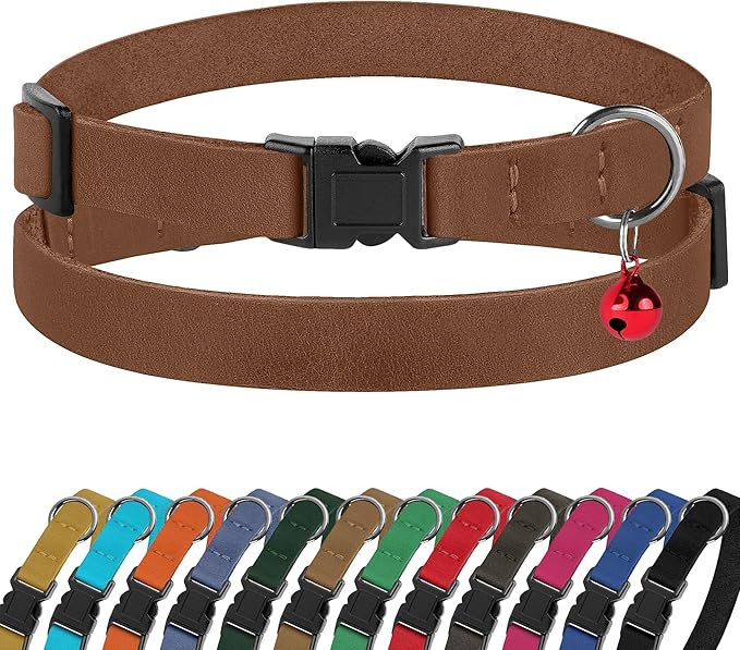 Breakaway Cat Collar Leather with Removable Bell - 13 Colors Available - Soft Adjustable Girl Boy Safety Lightweight Pet Kitten Collars Pink Brown Blue Green Red Orange Black (Cognac)-Mewly Pet
