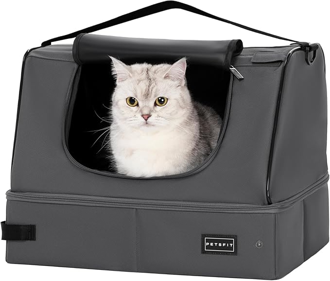 PETSFIT Portable Cat Litter Box - Removable 2-Layer Leak-Proof Lining, Scratch-Resistant Fabric with Sturdy Support Frame, Travel & Collapsible Cat Litter Box Grey-Mewly Pet