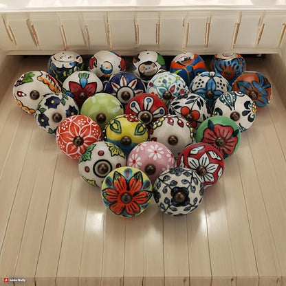 Ceramic Cabinet knobs for Drawers 12 Piece Multicolor Cupboard Door Knob Furniture Pull Handles for Kitchen, Wardrobes Boho Home Interior Decor - Pack of 12