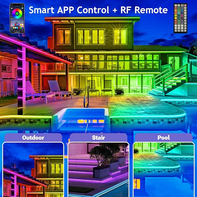 AILBTON 150ft Outdoor LED Strip Lights Waterproof,IP68 Outside Led Light Strips Waterproof with Bluetooth App Remote Control,Music Sync RGB Exterior Led Rope Lights,for Balcony,Deck,Roof,Garden,Pool