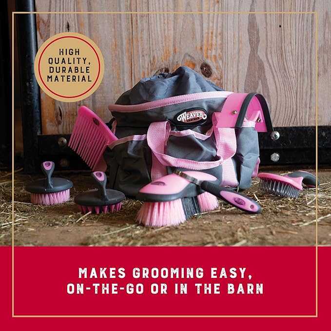 Weaver Leather Horse Grooming Kit, 7-piece Horse Brush Set with Organizer Tote Bag, Equine Care, Horse Tack Room Equipment, Grooming Horse Supplies, Gray/Pink-Mewly Pet