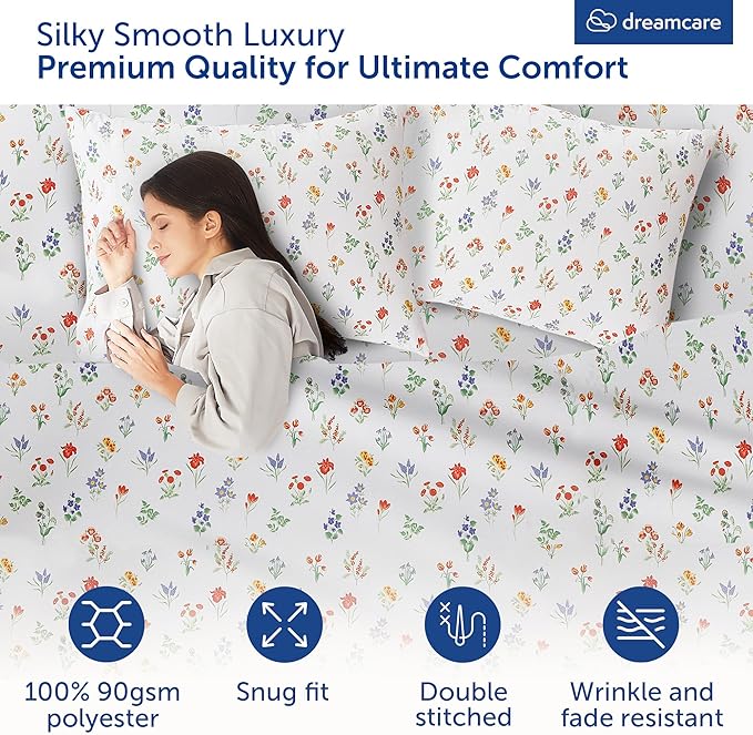 DREAMCARE Queen Size Sheets - Cooling Bed Sheets - 4pcs Set - Queen Sheet Set - Sheets Queen Size Bed - Queen Size Sheet Sets - Soft & Long Lasting 100% Fine Brushed Floral Sheets - Multi Floral