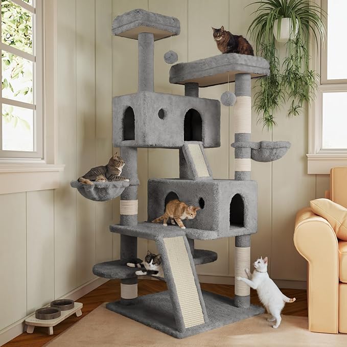 MUTICOR 66 Inches Multi-Level Large Cat Tree Tower for Indoor Big Feline/Cozy Plush Perches/Condo/Sisal Scratching Posts/Hammock and Baskets/Activity Center Play House/Wide Base/Grey-Mewly Pet