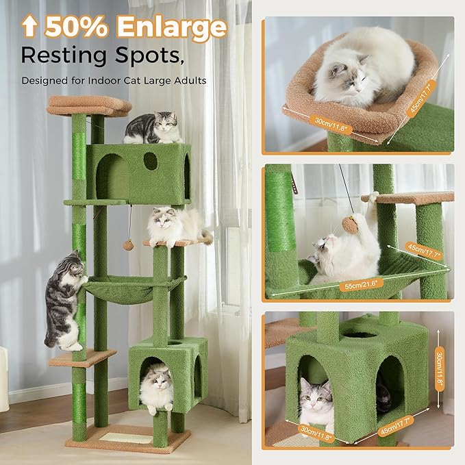 72” Cat Tree for Large Cats Big Cat Tower with Enlarged Hammock 21.6x17.7” Spacious Cats Condo House and Roomy Top Bed and Multiple Scratch Posts for Indoor Adult Cats (Green, XLarge-72)-Mewly Pet