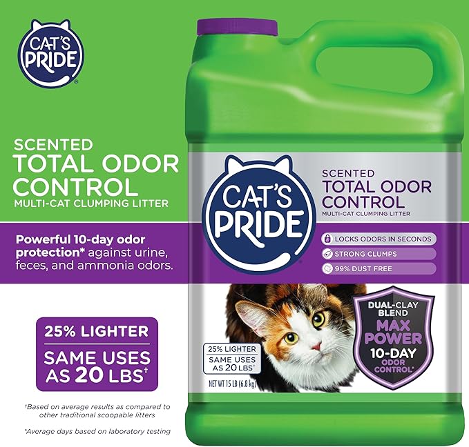 Cat's Pride Max Power: Total Odor Control - Up to 10 Days of Powerful Odor Control - Strong Clumping - 99% Dust Free - Multi-Cat Litter, Scented, 15 Pounds-Mewly Pet