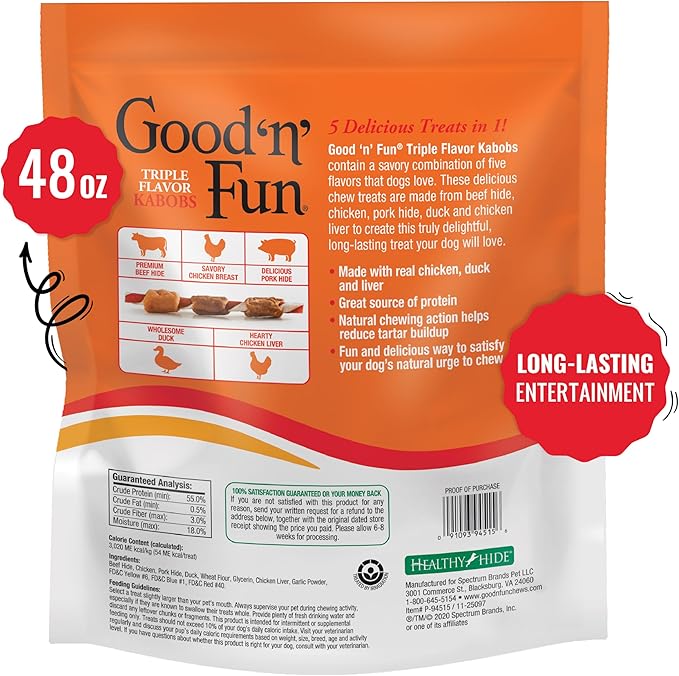 Good ‘n’ Fun Triple Flavor Kabobs Chews for All Dogs, 48 Ounces, Treat Your Dog to Chews Made from Beef Hide, Real Chicken, Pork Hide, Duck and Chicken Liver-Mewly Pet