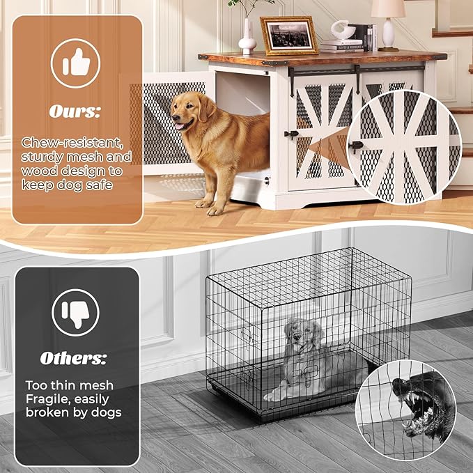 VOPEAK 43.3" XL Dog Crate Furniture, Chew Resistant Dog Crate for Medium Large Dogs, Heavy Duty Extra Large Dog Crate Dog Kennel Indoor with Double Doors, Wooden End Table for Living Room, White-Mewly Pet