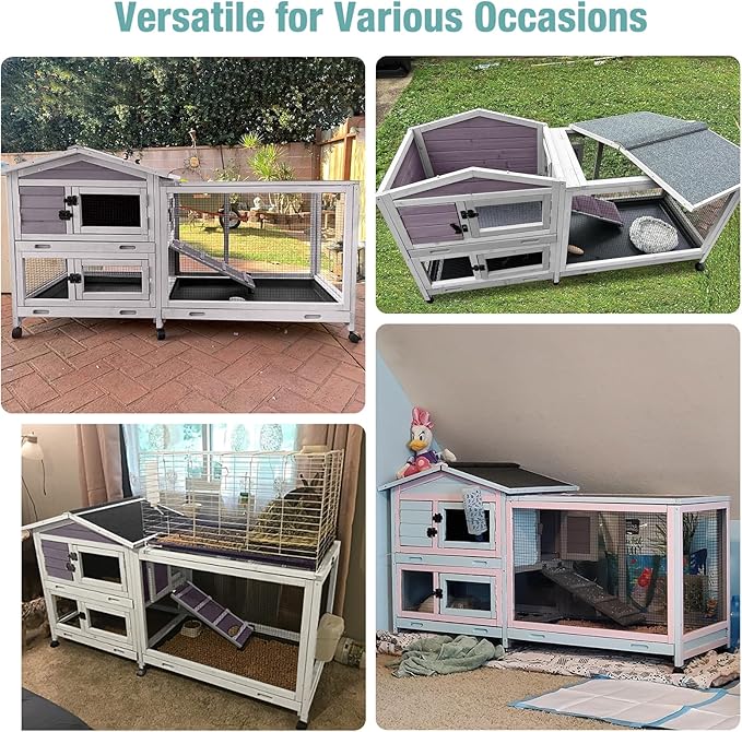 62" Rabbit Hutch with Chew-Proof Ramp & Waterproof Roof - Indoor/Outdoor Bunny Cage, 2-Story Design, 6 Lockable Caster Wheels & Dual Pull-Out Trays (Grey)-Mewly Pet