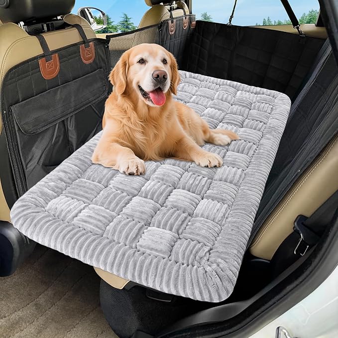 Dog Car Bed Mat, Non-Slip Backseat Extender Pet Blanket, Plaid Dog Bed for Trucks, Sedans & Large SUVs, Chew-Resistant Travel Pad for Dogs, Easy Clean & Scratch-Proof & Comfort（56"x28.7" Light Gray-Mewly Pet