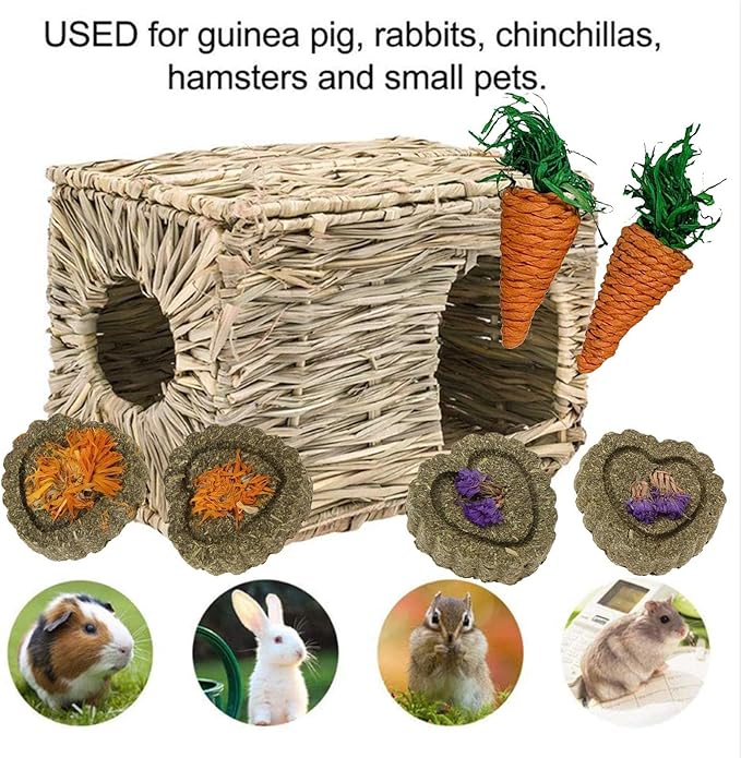 kathson 2 Pcs Large Rabbit Grass House Natural Foldable Hand Woven Seagrass Bed Carrot Hay Toy Hut Safe Comfortable Playhouse with Bunny Chew Toys for Bunny Hamster Guinea Pig Chinchilla Ferret-Mewly Pet