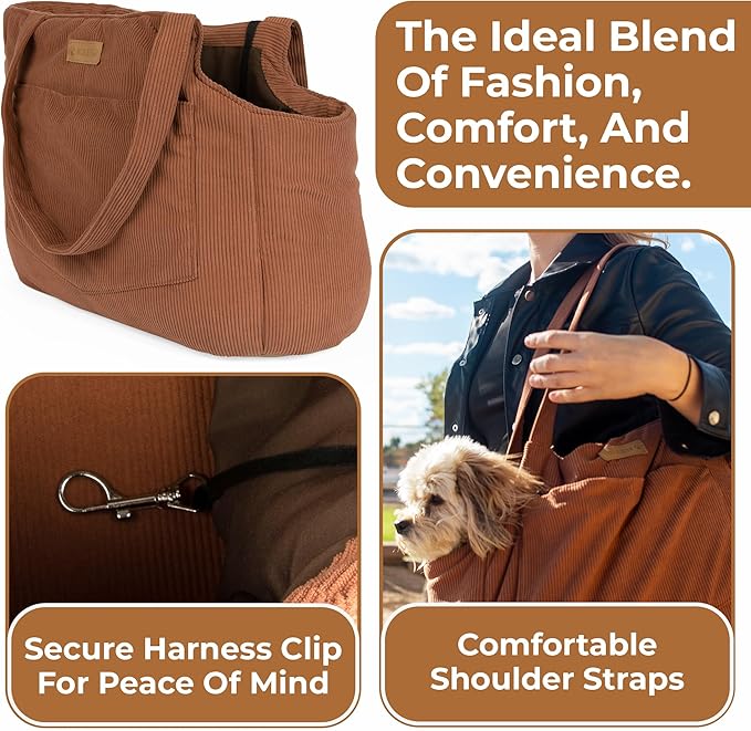 Corduroy Dog Carrier - Lightweight Cotton Soft-Sided Pet Tote with Safety Harness Clip - Breathable Travel Carrier for Small Dogs and Puppies (Brown)-Mewly Pet
