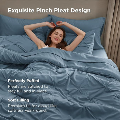 Bedsure Twin Comforter Set Mineral Blue - Bed in a Bag Twin Size Bedding 5 Pieces, GentleSoft™ Pintuck Bed Set Gift for Family, Pinch Pleat Mineral Blue Comforter with Sheets, Pillowcase & Sham