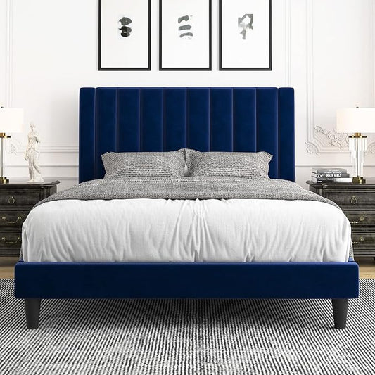 Allewie Queen Platform Bed Frame/Velvet Upholstered Bed Frame with Vertical Channel Tufted Headboard/Strong Wooden Slats/Mattress Foundation/Box Spring Optional/Easy Assembly/Navy Blue