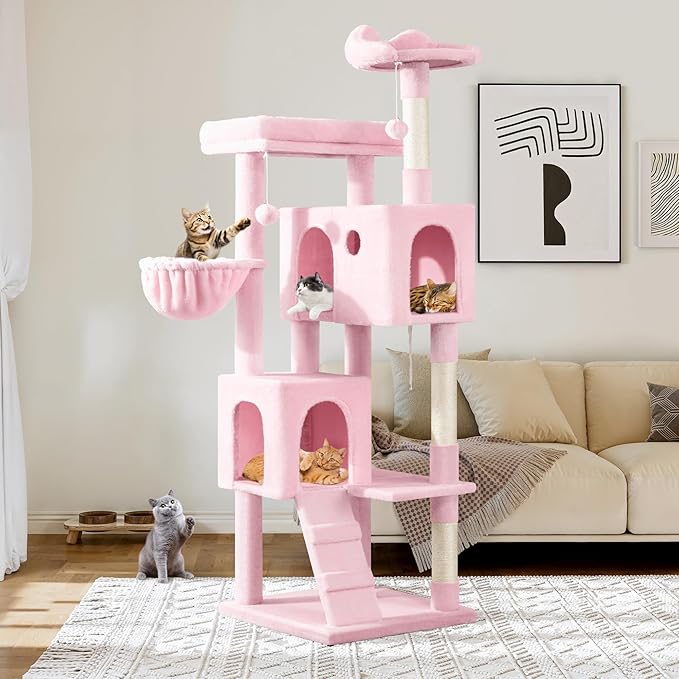 Allewie 64 Inches Cat Tree Tower/Multi-Level Activity Center for Indoor Big Felines/2 Plush Condos/2 Perchs/Basket/House/Sisal Scratching Posts/Hanging Cat Toys/Pink-Mewly Pet