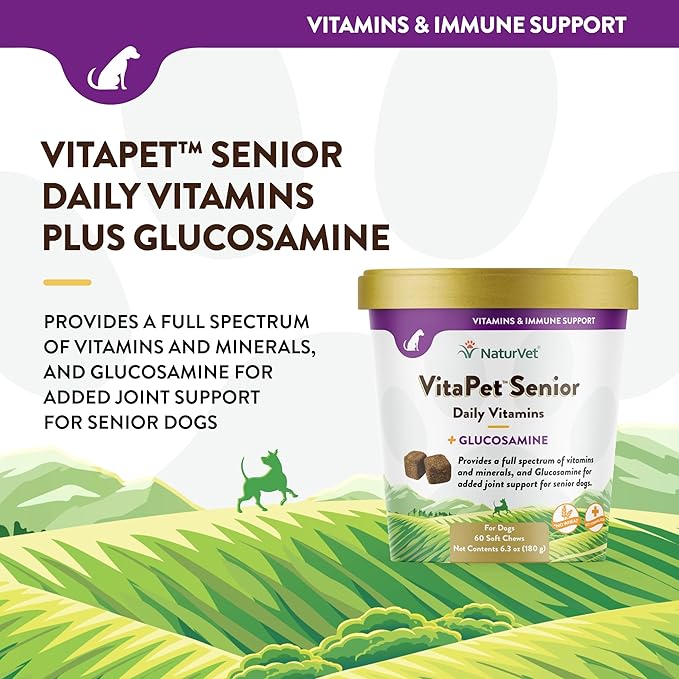 NaturVet VitaPet Senior Daily Vitamins Plus Glucosamine for Dogs, 60 ct Soft Chews, Made in The USA with Globally Source Ingredients-Mewly Pet