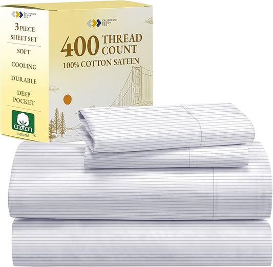 California Design Den Printed Twin XL Sheet Sets - 400 Thread Count Sateen, Natural 100% Cotton Sheets Set, Deep Pockets, Cooling and Durable Bedding Set - Pinstriped