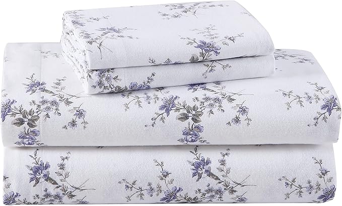 Laura Ashley - Flannel Sheets Queen Size, Anti-Pilling & Wrinkle Resistant Cotton, Touchably Soft for All-Season Comfort - Bed Sheets with Matching Pillowcases & Fitted Sheet (Jessika Lavender)