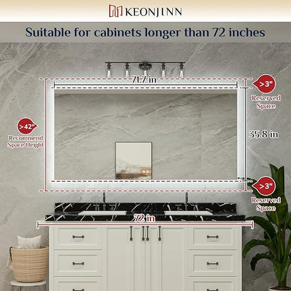 Keonjinn LED Backlit Mirror 72” x 35.9” Oversized Lighted Bathroom Mirror with UL Listed LED Driver, Large Stepless Dimmable Wall Mirror, Tempered Glass, CRI90+ Anti Fog Vanity Mirror with Backlights