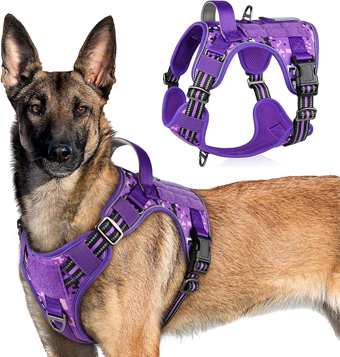 rabbitgoo Tactical Dog Harness for Large Dogs, No Pull Military Service Vest with Handle & Molle, Easy Control for Training Walking, Adjustable Reflective Straps, Purple Camo, XL-Mewly Pet