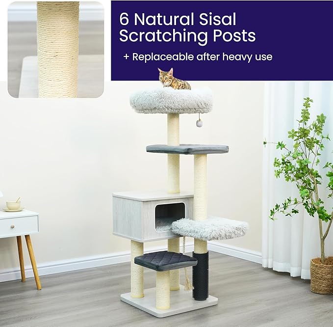Catry Kasio 6 Level 54" High Modern Cat Tree with Laminated Wood Condo,Replaceable Scratching Posts,Removeable Washable Beds, Self Grooming Brush and Toys.(Light Gray)-Mewly Pet