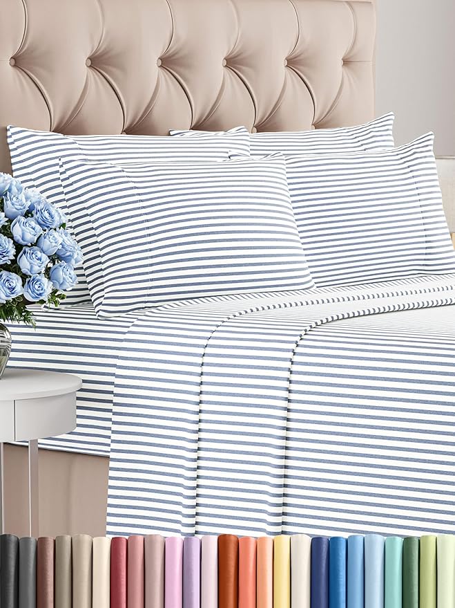 Queen 6 Piece Sheet Set - Comfy Breathable & Cooling - Soft Hotel Luxury Bedding Set with 8-16 Inch Deep Pockets - 1 Flat & 1 Fitted Sheet & 4 Pillowcases - Wrinkle Free & Easy Care - Blue Stripes 2