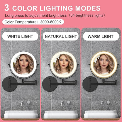 Rechargeable Wall Mounted Lighted Makeup Mirror, 8" Double-Sided Magnifying Vanity Mirror 1X/10X, 3 Color Touch Screen Dimmable Shaving Mirror, 360° Rotation Foldable Bathroom Mirror, Black