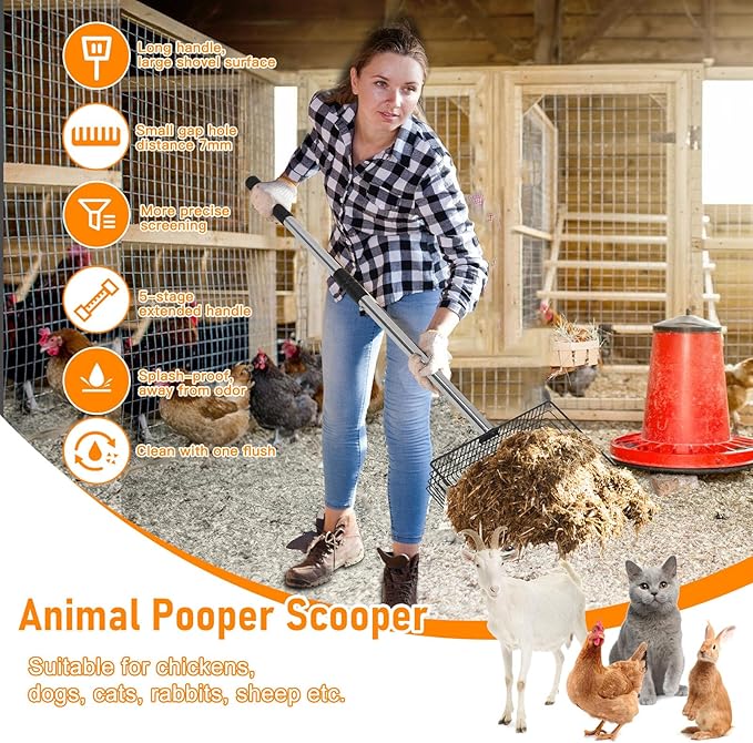 Chicken Coop Pooper Scooper, 36" to 67" Stainless Steel Long Handle Cat Litter Scoop, 5 Segment Extendable Dog Poop Scooper Long Handle, Pet Pooper Scooper for Chicken Dog Cat Manure Rabbit Manure-Mewly Pet