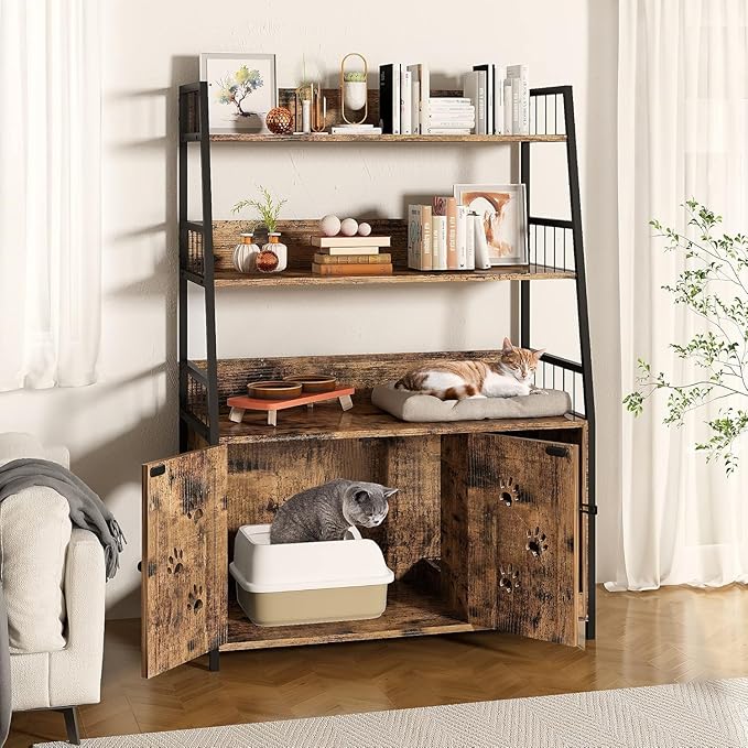 Recaceik Large Cat Litter Box Enclosure with Shelf Storage, Hidden Cat Washroom Furniture, Wooden Cat House with Scratch Pad, Sturdy Indoor Cat Cabinet with 2 Doors, Rustic Brown-Mewly Pet