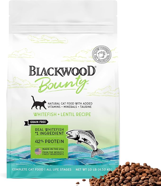 Blackwood Bounty Dry Cat Food, Whitefish & Lentil Recipe for All Life Stages, 10 Pound Bag, High Protein, Grain Free-Mewly Pet