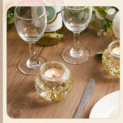 8 Pcs Glass Clear Votive Floating Candle Holders with 8 Pcs Bright Pearl String Beads, Tealight Bowl Candle Holder Bulk for Wedding Centerpiece Home Bridal Shower Party Decor (Gold)