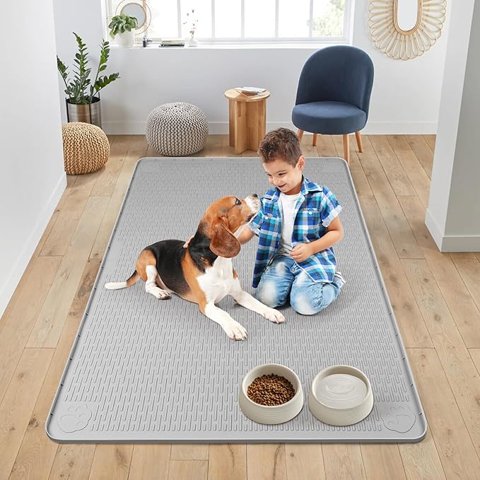 Dog Food Mat, Extra Large 50" x 35" Silicone Pet Feeding Mat with Raised Edge Pet Placemat for Small, Medium, and Large Pets Non-Slip, Easy to Clean (Grey)-Mewly Pet