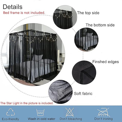 Akiky Canopy for Girls Room Black Bed Curtains Elegant Sheer Curtain for Twin Full Queen King Size Bed Drapes,8 Panels Canopies with Light,Room Décor(King,Black)