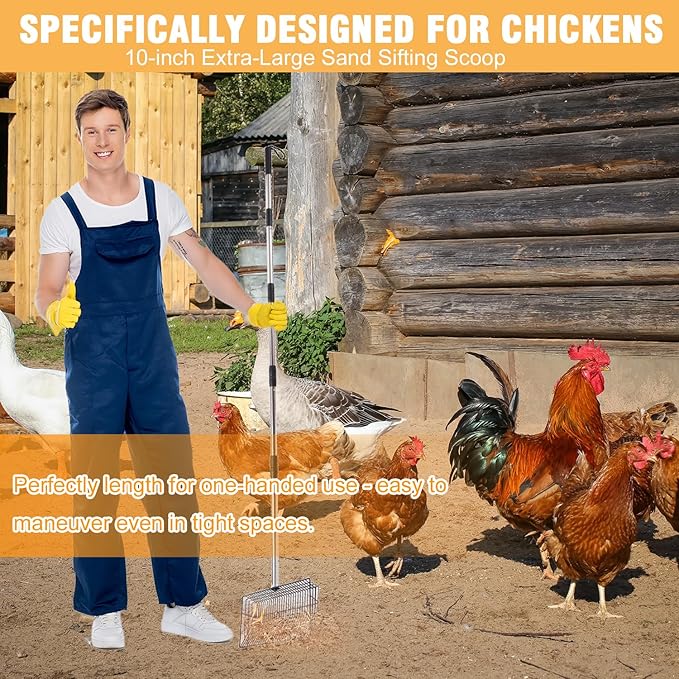 Chicken Poop Scooper 67 inch Adjustable Coop Scooper with 10 inch Metal Sieve for Fast Cleaning, Multi-Purpose Litter Tool for Chicken Coops, Barns & Pet Waste-Mewly Pet