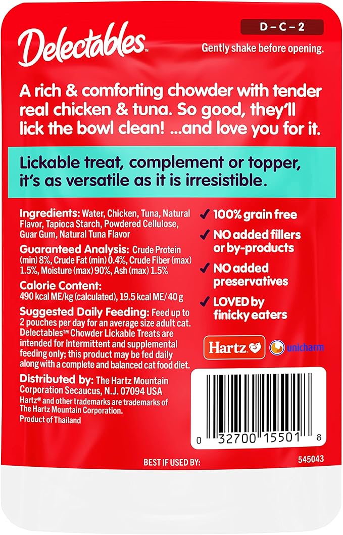 Hartz Delectables Chowder Lickable Wet Cat Treats for Kitten, Adult & Senior Cats, Chicken & Tuna, 1.4 Ounce (Pack of 12)-Mewly Pet
