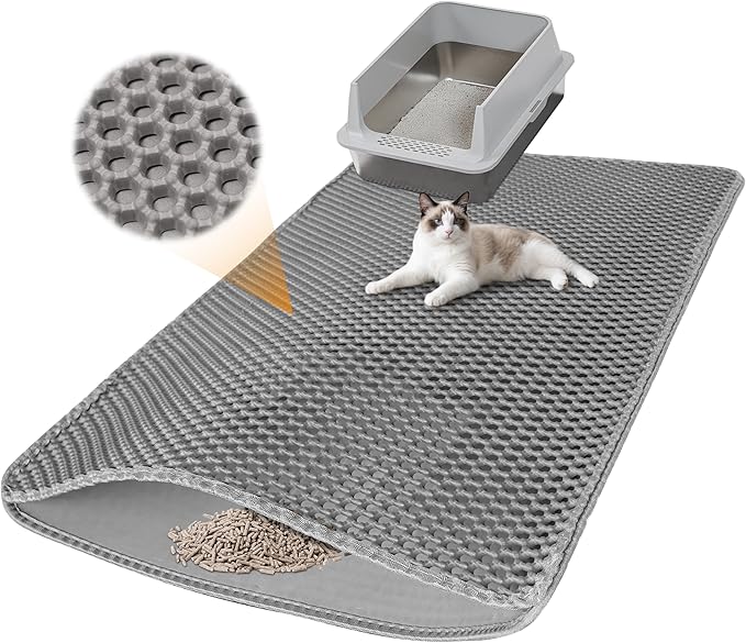 Large Cat Litter Mat for Litter Box, 47"×27.5" Double Layer Trapping Mat, Non-Slip Water Proof Kitty Litter Pad, Grey-Mewly Pet