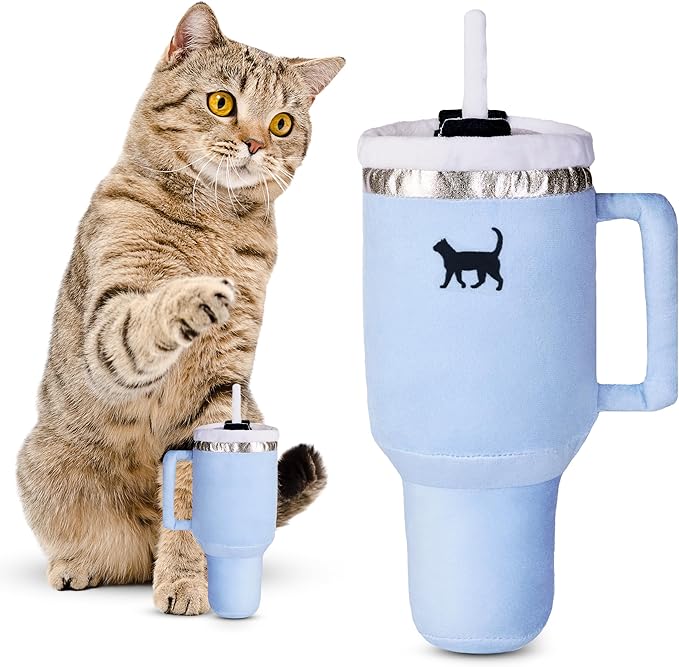 Kitty Cup Tumbler Cat Toy – Funny Cat Birthday Gifts with Catnip & Crinkle Paper, Cute Girl Kitten Toys (Chambray Blue)-Mewly Pet