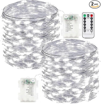 2-Pack Fairy Lights Battery Operated with Remote, Waterproof 66FT 200 LED Battery String Lights Outdoor Indoor, 8 Modes Twinkle Lights with Timer for Bedroom Wedding DIY Christmas Decor (Cool White)