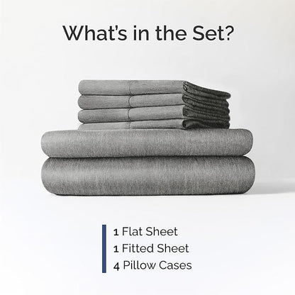 Queen Sheets Set 6 Piece - Includes 4 Pillowcases - Bed Sheets Queen Size - Soft Hotel Luxury Bedding - Cooling, Comfy & Breathable - 1 Flat & 1 Fitted & 4 Pillowcases w/ Deep Pockets - Heathered Grey