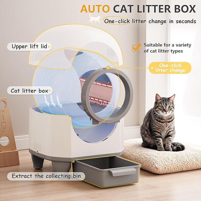 WARCAT Self Cleaning Litter Box Automatic, 90 L Automatic Cat Litter Box for Multiple Cats APP-Controlled with Smart Sensors, Safety Protection,Mat,1 Roll Garbage Bag (Gray)-Mewly Pet