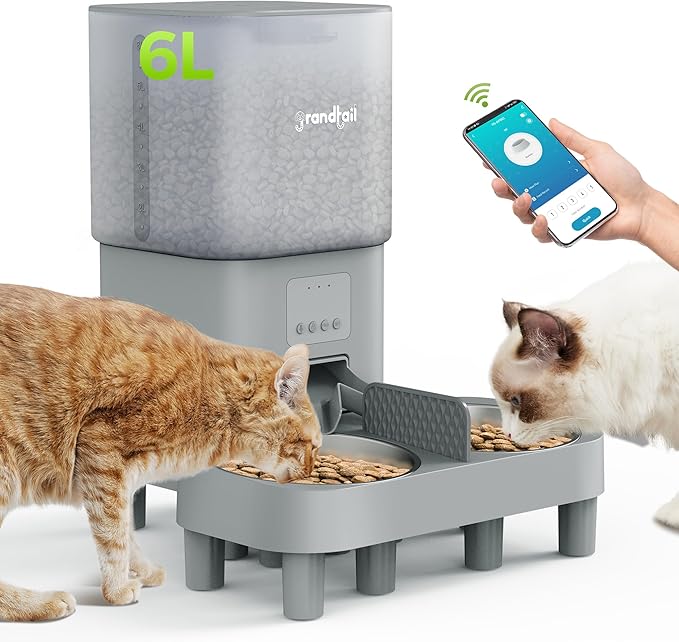 WiFi Automatic Cat Feeder with App - 6L Elevated Smart Food Dispenser for 2 Pets, Programmable 1-10 Meals, 2 Stainless Bowls & Dual Power-Mewly Pet