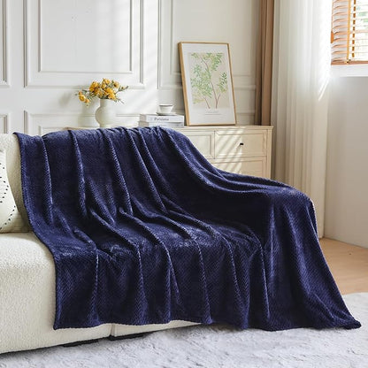 NEWCOSPLAY Super Soft King Blanket Dark Navy Premium Silky Flannel Fleece Leaves Pattern Lightweight Bed Blanket All Season Use (Dark Navy, King(90"x110"))