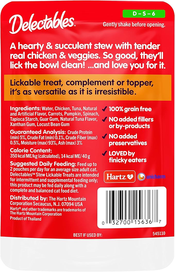 Hartz Delectables Stew Lickable Wet Cat Treats for Adult & Senior Cats, Chicken & Veggies, 1.4 Ounce (Pack of 12) (Packaging may vary)-Mewly Pet