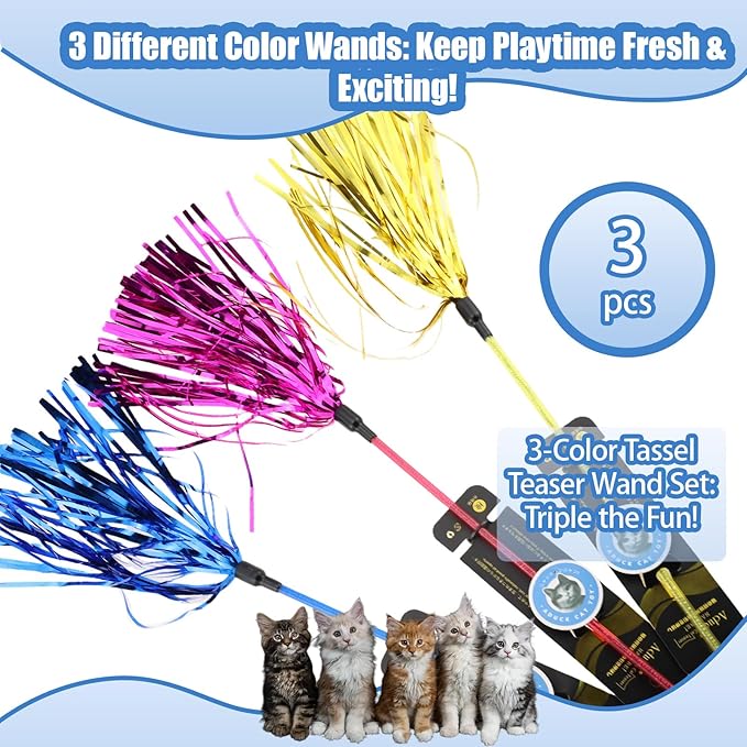 ADUCK Interactive Cat Teaser Wand Toy with Tassels - Durable Cat Chaser for Indoor Kitten Exercise, Boredom Relief & Training Play, Pack of 3 (Gold, Blue, Pink)-Mewly Pet