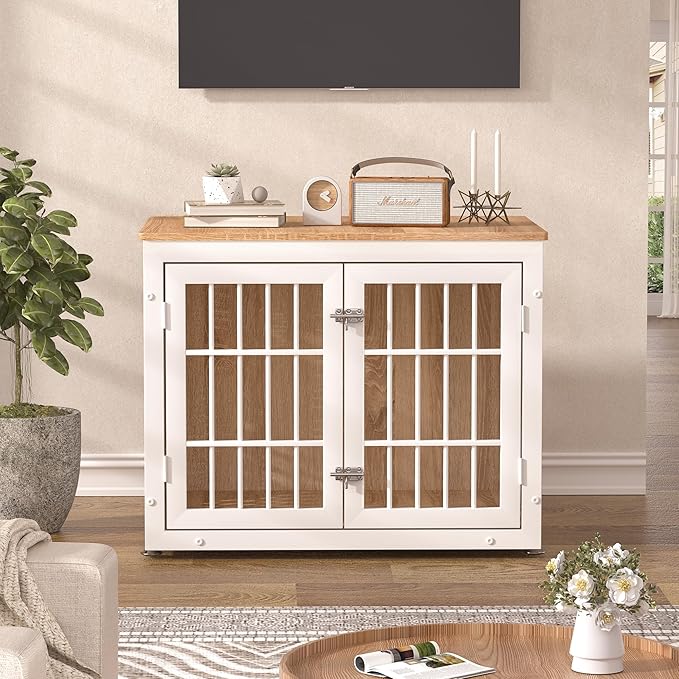 32" Heavy Duty Dog Crate Furniture for Small and Medium Dogs, Metal Kennel for High Anxiety Dogs, Chew Proof Pet Cage Indoor, Decorative Dog Kennel End Table, White-Mewly Pet